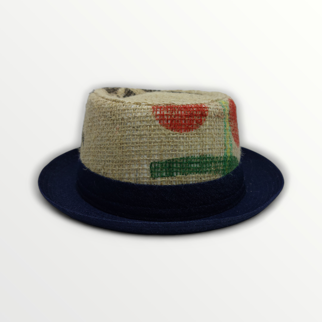 Sbarià pork pie hat made from coffee sack jute, featuring a classic design and natural earthy tones.