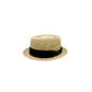 Sbarià pork pie hat in natural raffia with black band and metal pin, three-quarter view, handmade Italian craftsmanship.