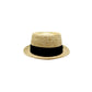 Sbarià summer pork pie hat in natural raffia with black band, front view, artisanal Italian craftsmanship.