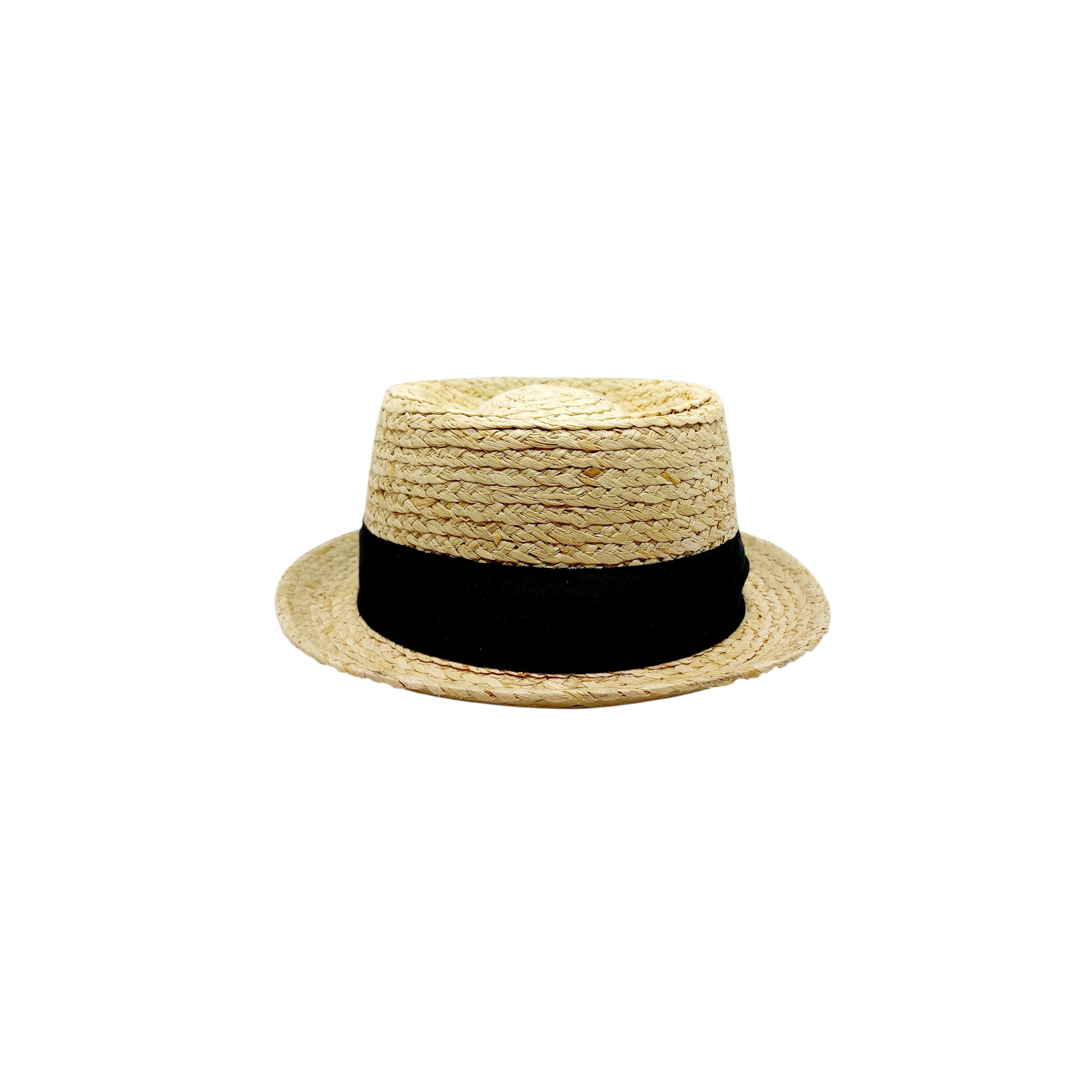 Sbarià summer pork pie hat in natural raffia with black band, front view, artisanal Italian craftsmanship.