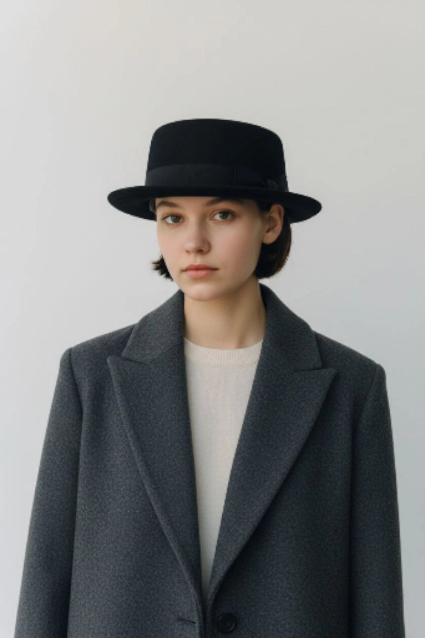 Black felt pork pie hat by Sbarià with a ribbon bow, waterproof and crushable wool felt for stylish weather protection.