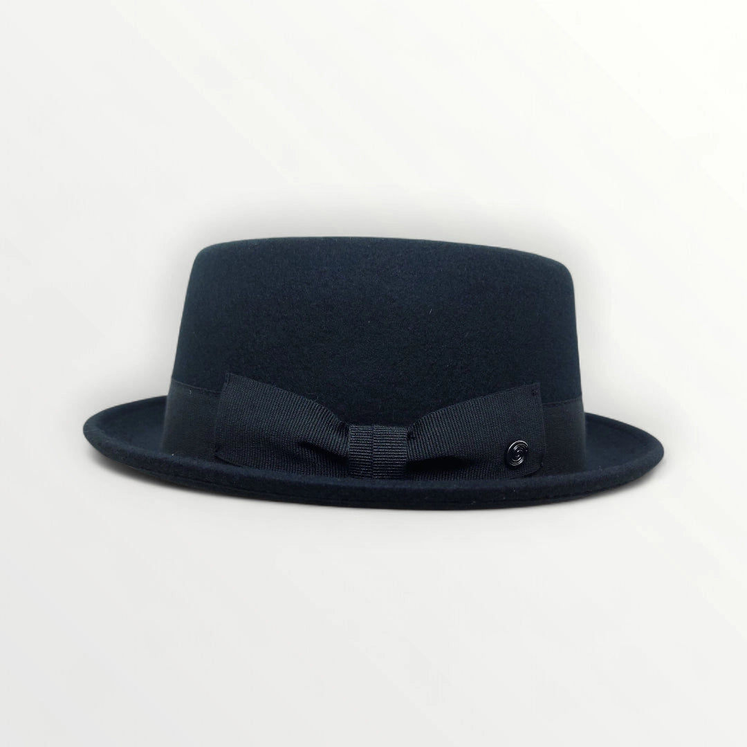 Black felt pork pie hat with ribbon and bow from Sbarià, waterproof and crushable wool felt for stylish, durable wear.