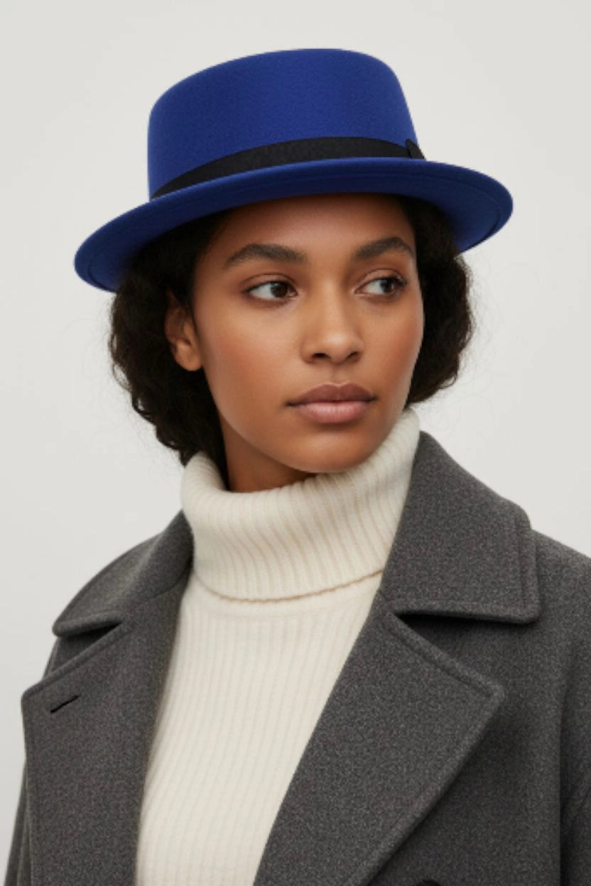 Sbarià waterproof felt wool pork pie hat in petrol blue with a bow, crushable and stylish accessory for men and women.