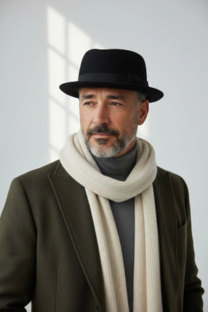 Black felt pork pie hat with ribbon and bow, waterproof and crushable, by Sbarià, stylish and durable wool accessory.