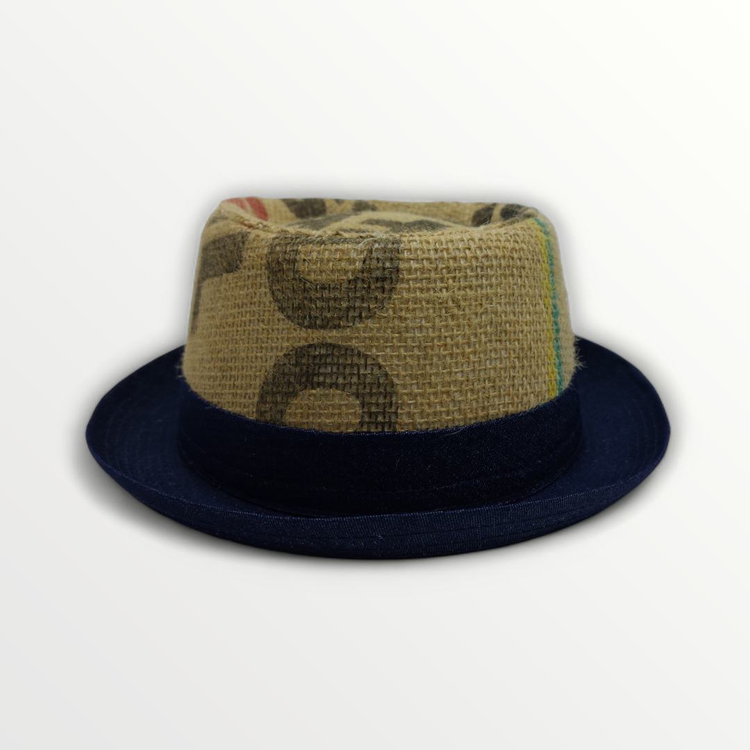 Sbarià pork pie hat made from coffee sack jute, featuring a classic design with a rounded crown and brim for stylish wear.