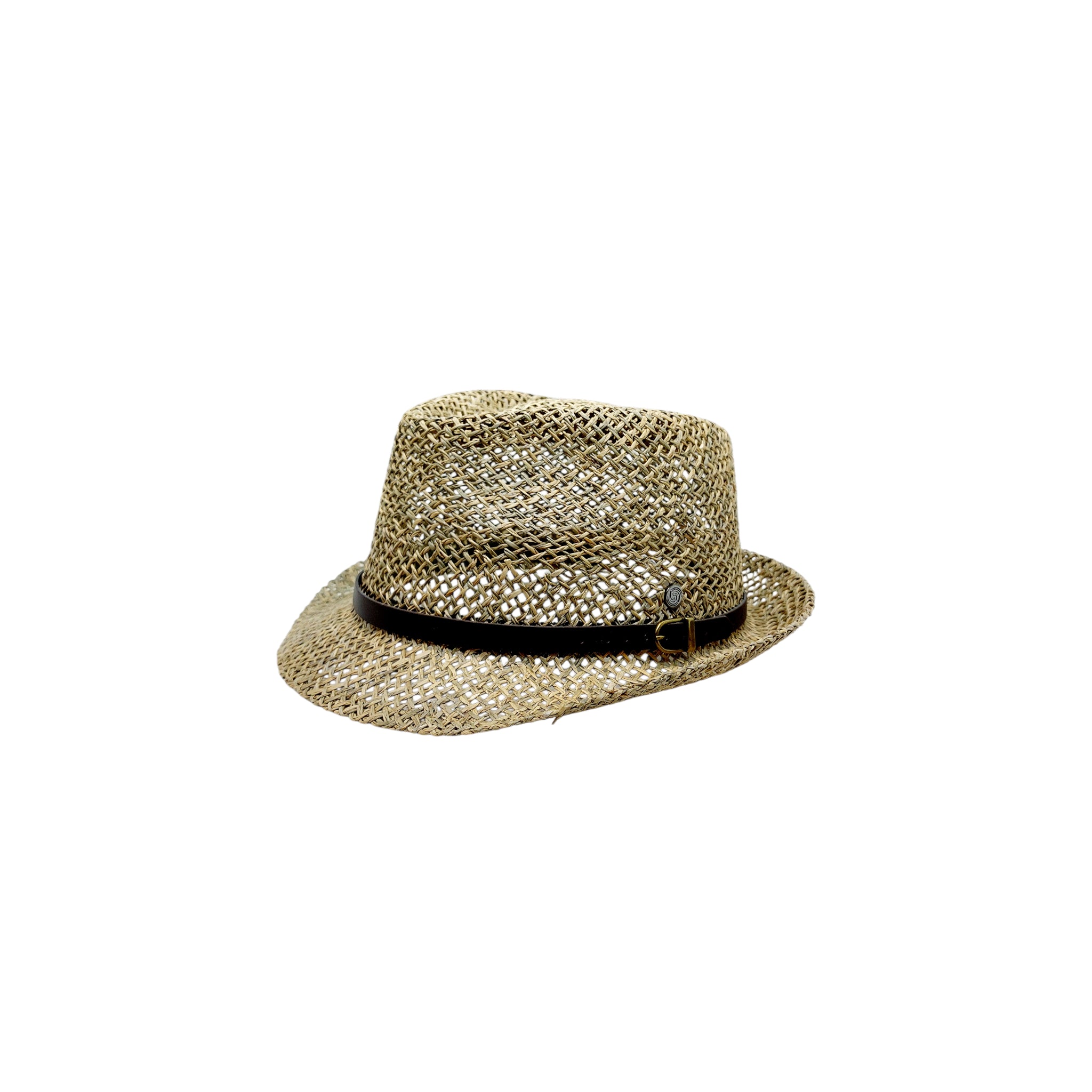 Sbarià handmade natural straw trilby hat with black eco-leather strap, stylish and lightweight Italian-crafted headwear.
