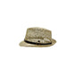 Sbarià trilby hat in natural straw with an eco-leather strap and metal buckle, shown from a side view.