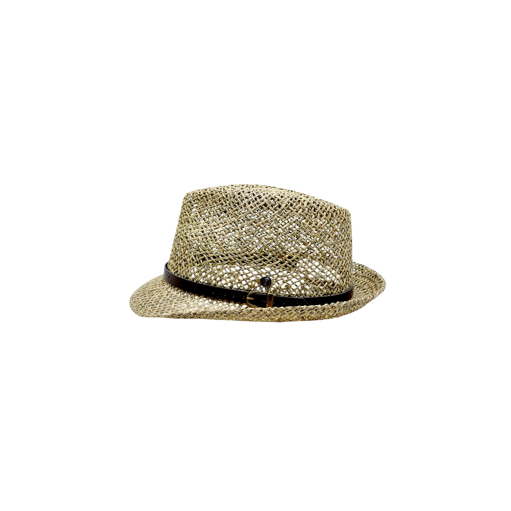 Sbarià trilby hat in natural straw with an eco-leather strap and metal buckle, shown from a side view.