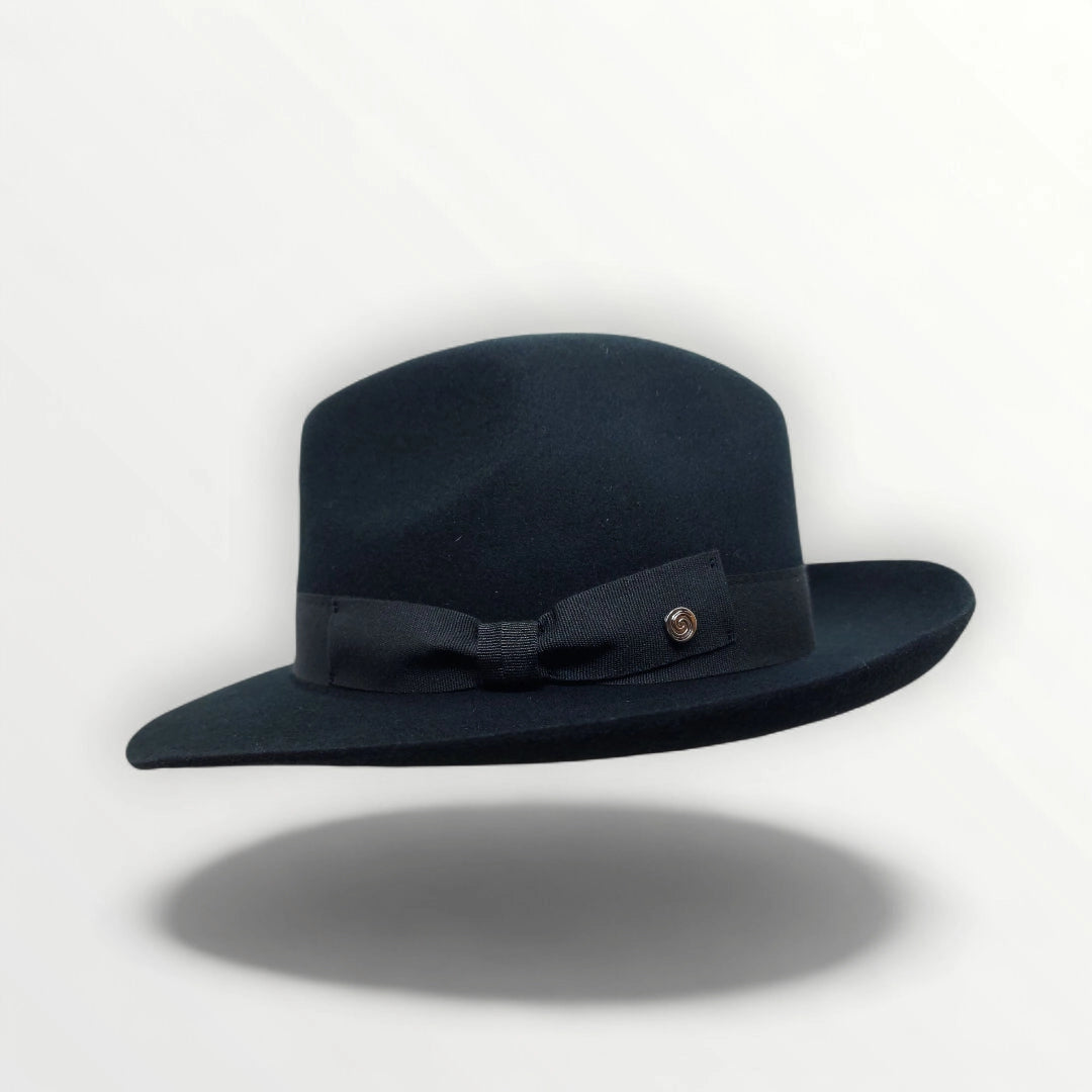 Black felt fedora hat with ribbon and bow by Sbarià, waterproof and crushable wool felt, stylish and functional headwear.