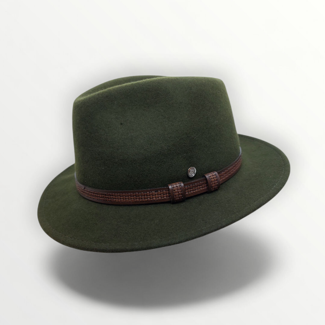 Olive green felt wool fedora hat with leather strap, waterproof and crushable, by Sbarià.
