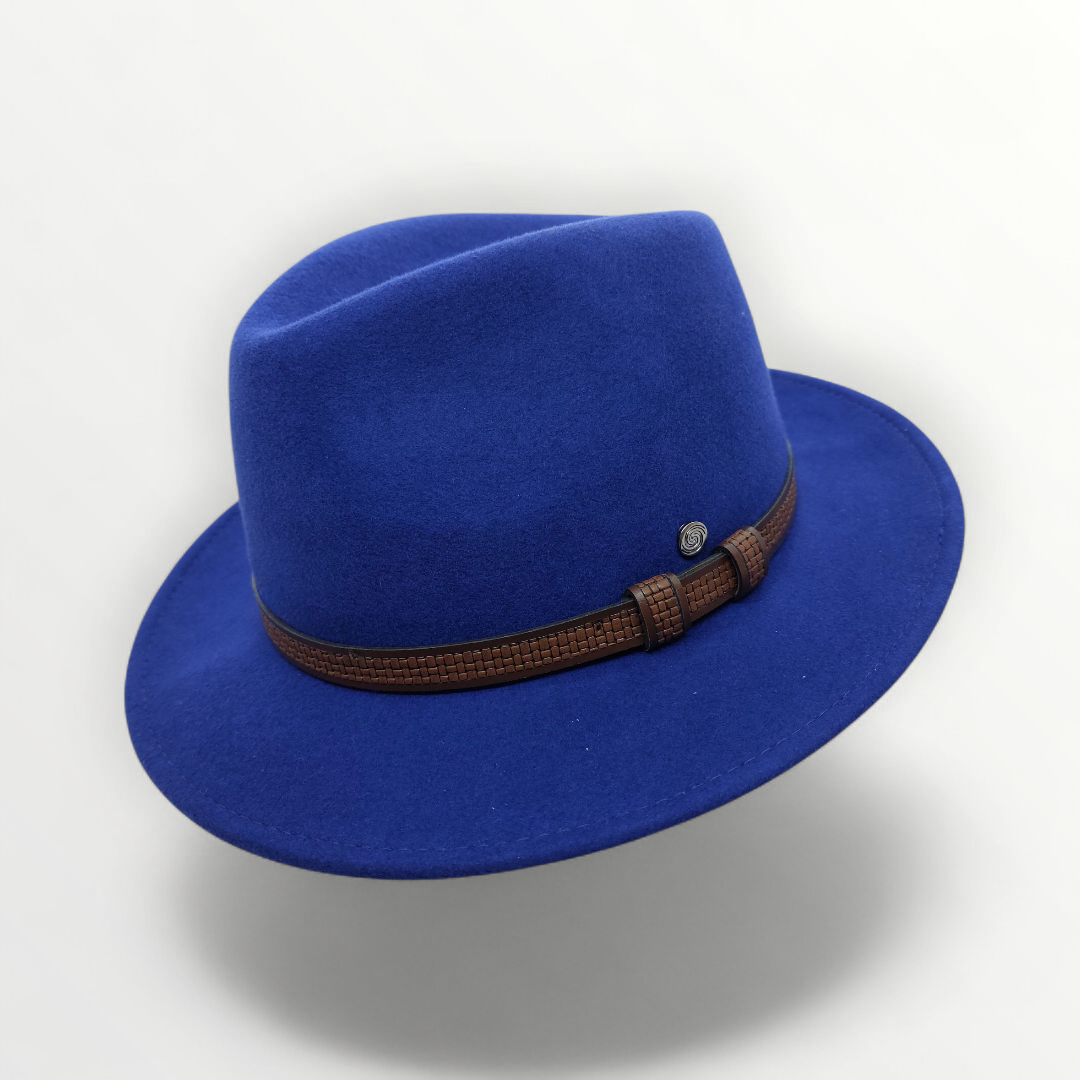 Sbarià waterproof felt fedora hat in petrol blue wool with leather band, crushable and stylish for versatile wear.