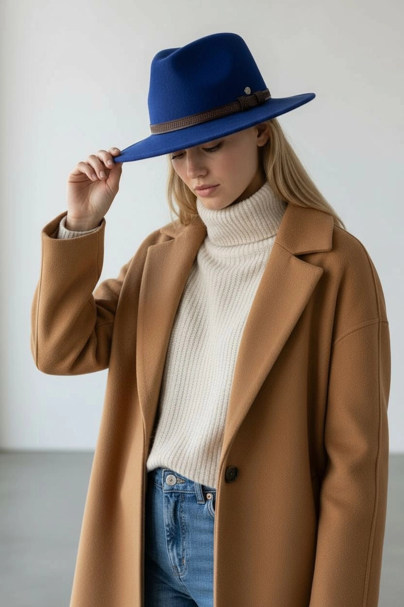 Sbarià waterproof felted wool fedora hat in petrol blue with a leather band, crushable and stylish for versatile wear.