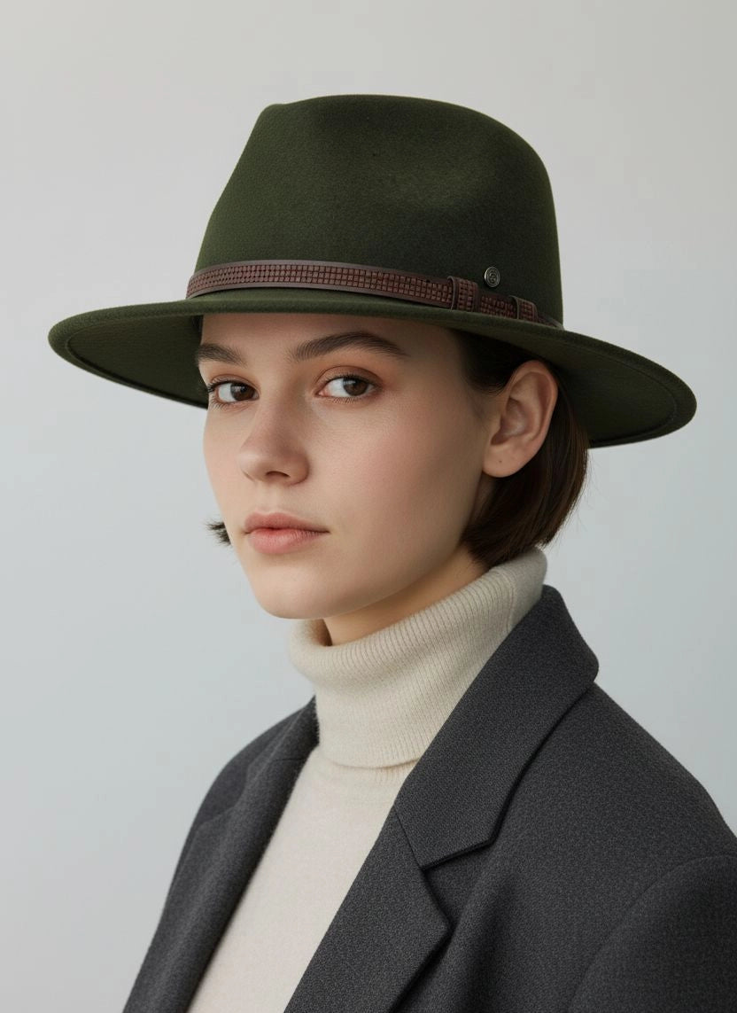 Olive green felt fedora hat with leather band by Sbarià, waterproof and crushable, worn by a model.