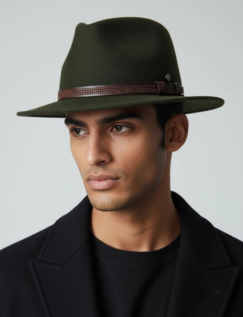 Cappello Fedora Oval in feltro di lana oliva e cinturino in pelle "Waterproof and Crushable"