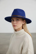 Sbarià felted wool Fedora hat in petrol blue with leather strap, waterproof and crushable for stylish, durable headwear.