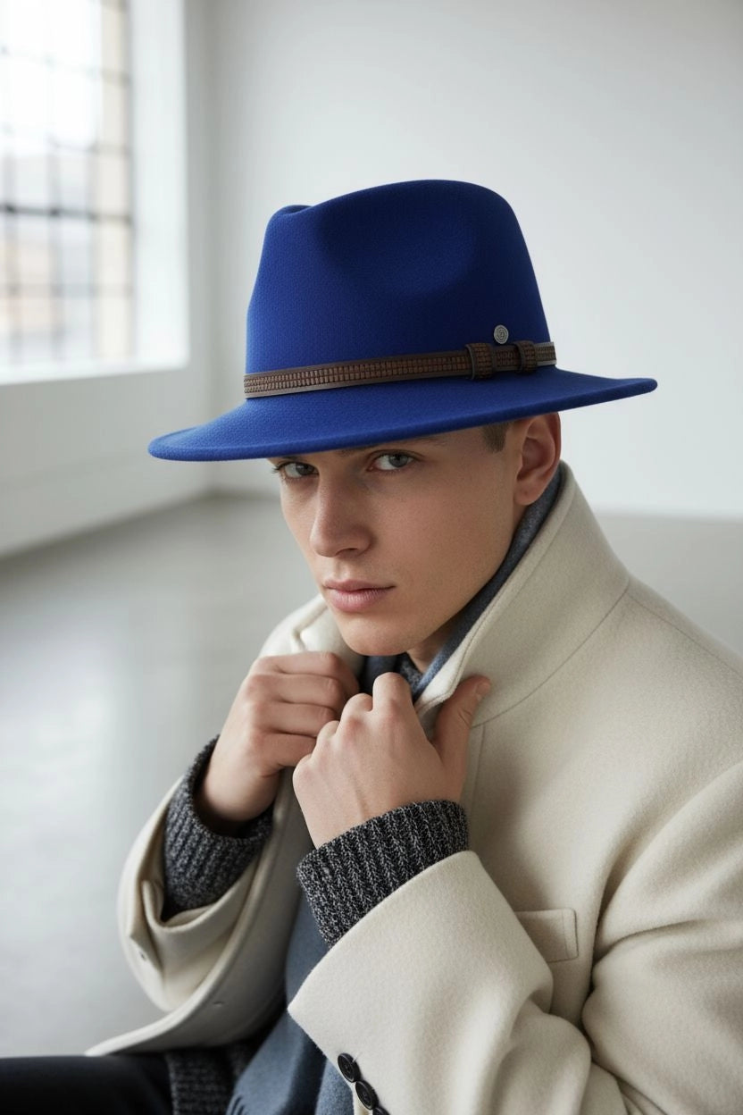 Sbarià waterproof felted wool fedora hat in petrol blue with a leather band, crushable and stylish for versatile wear.