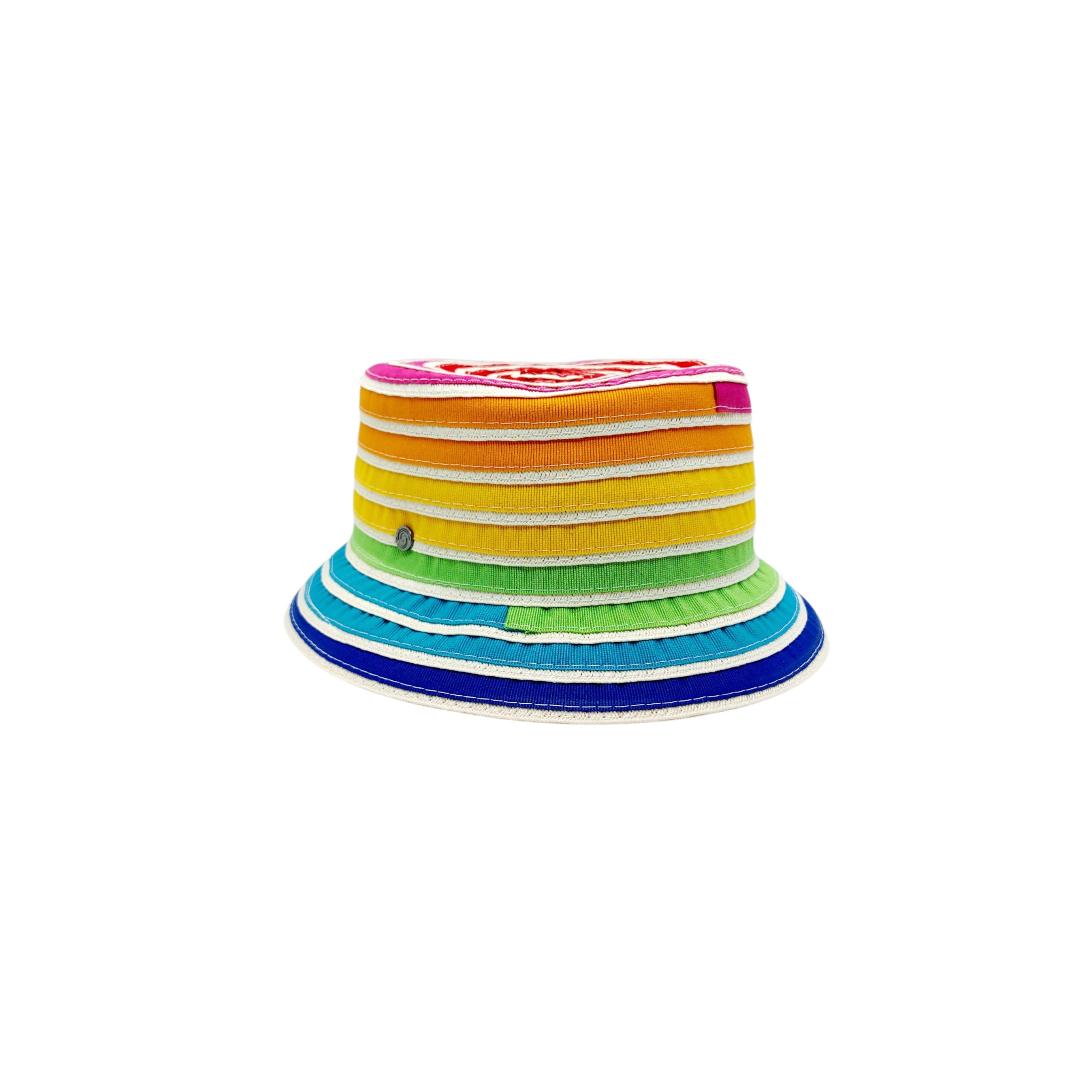 Sbarià multicolor cotton bucket hat with ribbon, side view showing artisanal pescatore style, made in Italy.