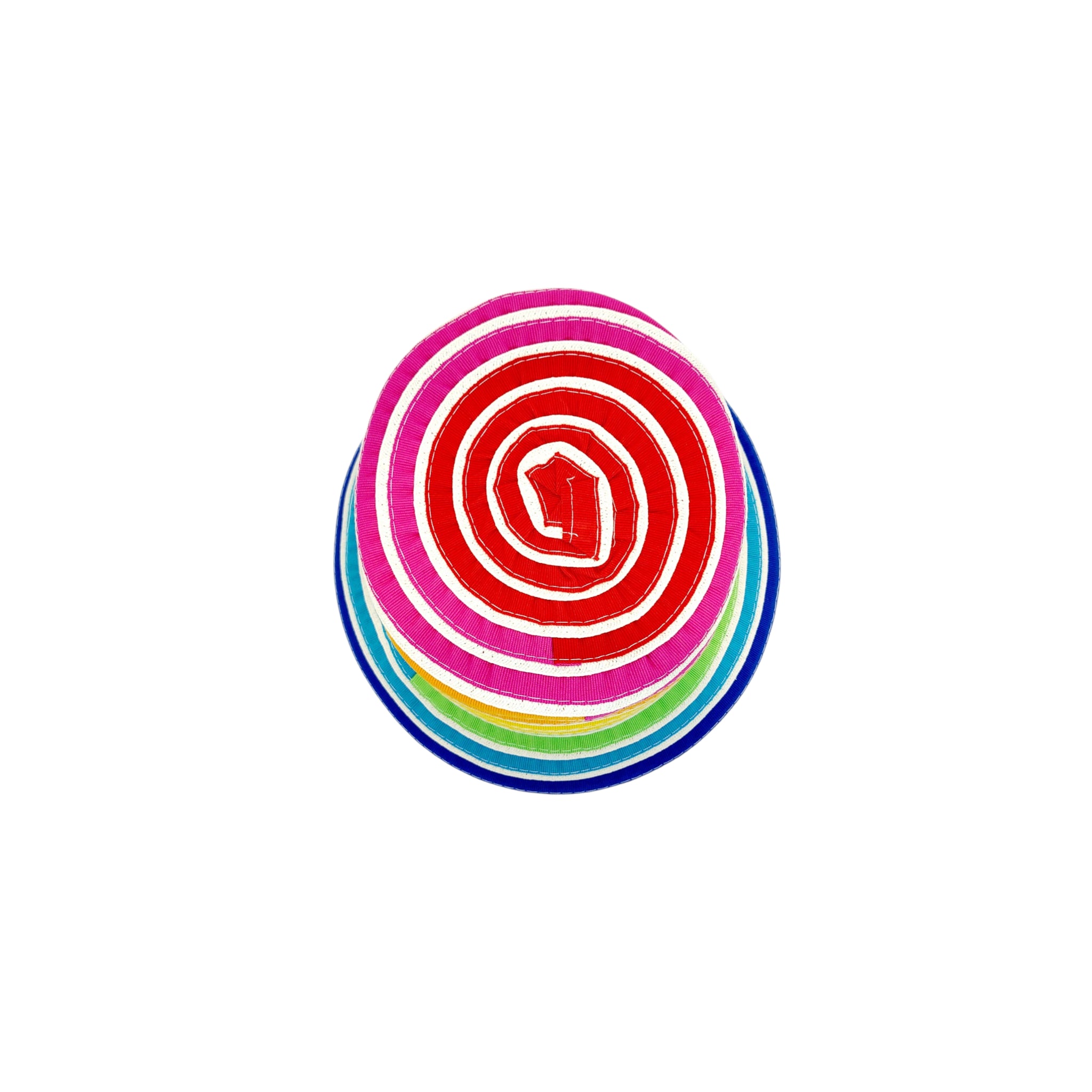 Sbarià multicolor cotton bucket hat with spiraled ribbon design, viewed from above, showcasing handcrafted artisanal style.