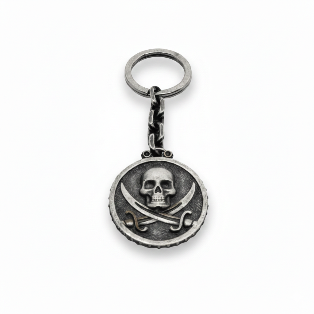Black Sail-themed silver keychain by BDG Accessories with intricate detailing, ideal for secure key organization.