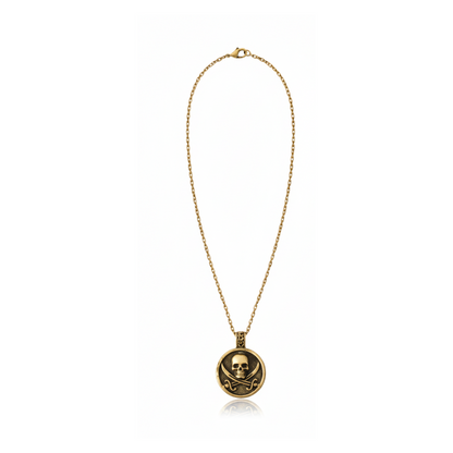 Silver and bronze pirate-themed necklace with black sails from BDG Accessories, featuring detailed nautical design.