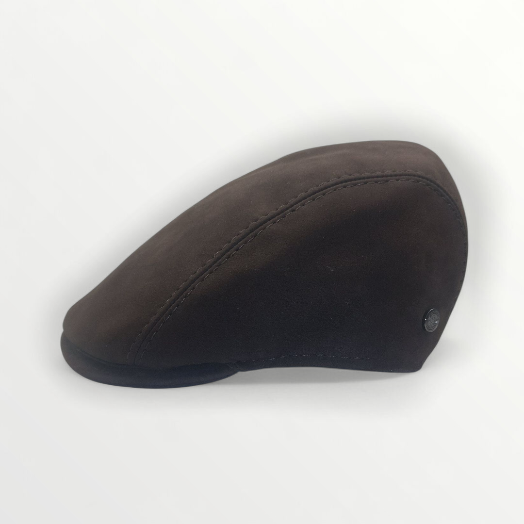 Coppola Duffy in vera pelle nabuk testa di moro by Sbarià, showing the stylish brown leather hat with a rounded crown and wide brim.