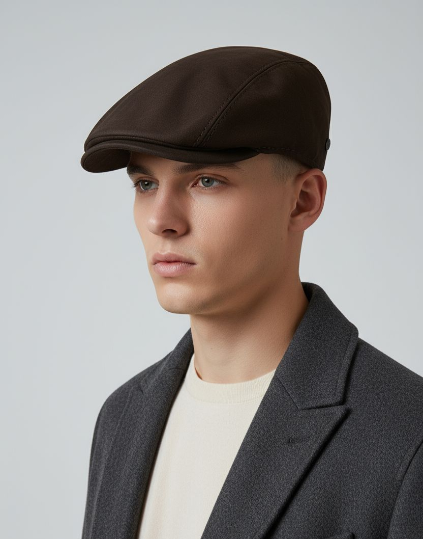 Coppola Duffy artisan hat in genuine nabuk leather with testa di moro color, crafted by Sbarià.