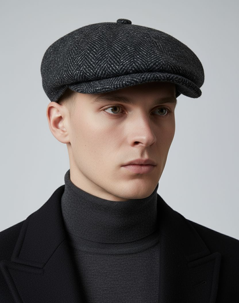 Grey wool Coppola Inglese Oxford hat by Sbarià featuring a spliced design, inspired by Peaky Blinders style.