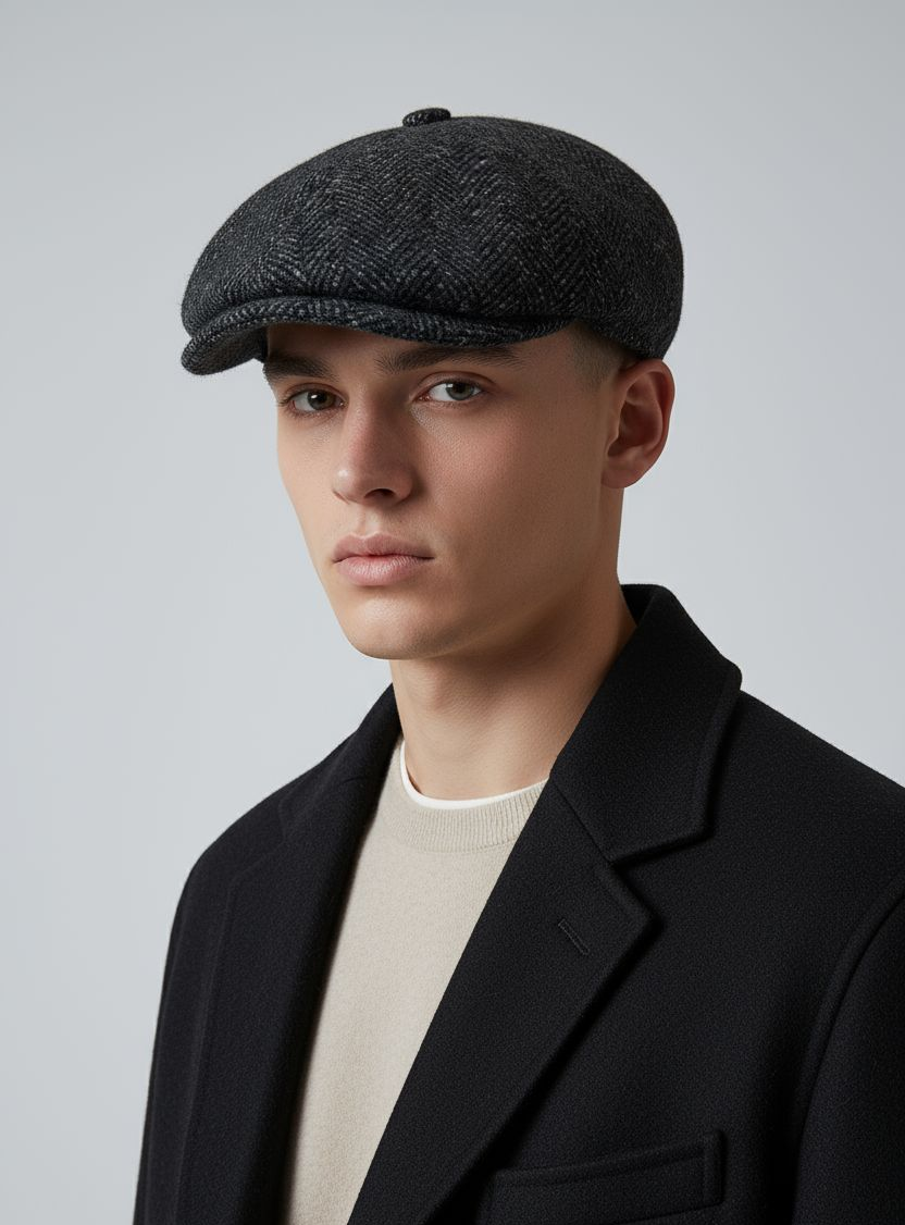 Gray wool Coppola Inglese Oxford cap by Sbarià with a spiked pattern, inspired by Peaky Blinders fashion style.
