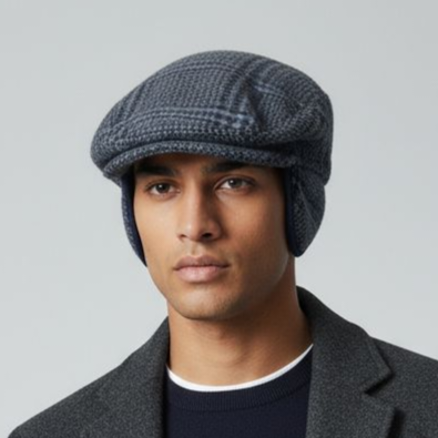 Gray and blue plaid wool Siciliana cap with ear covers by Sbarià, featuring a warm, traditional style with ear protection.