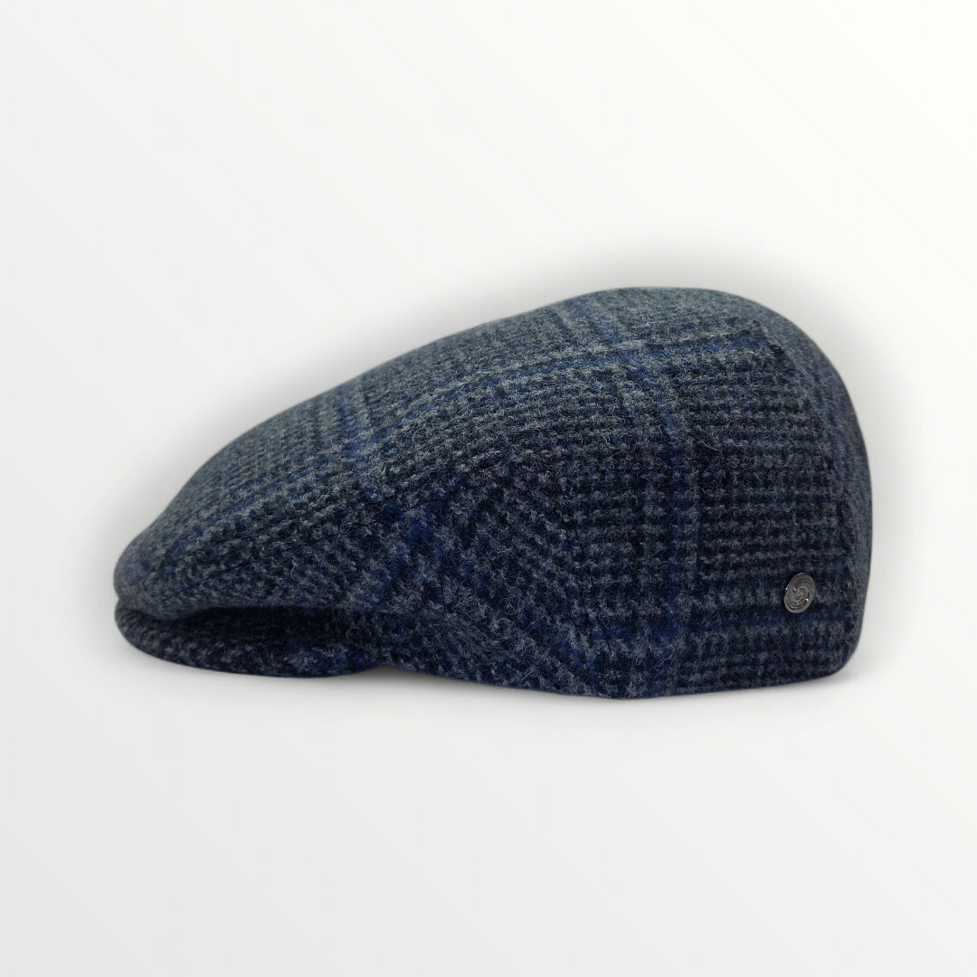 Sbarià Siciliana wool cap with gray plaid and blue striped pattern, featuring ear cover for warmth and style.