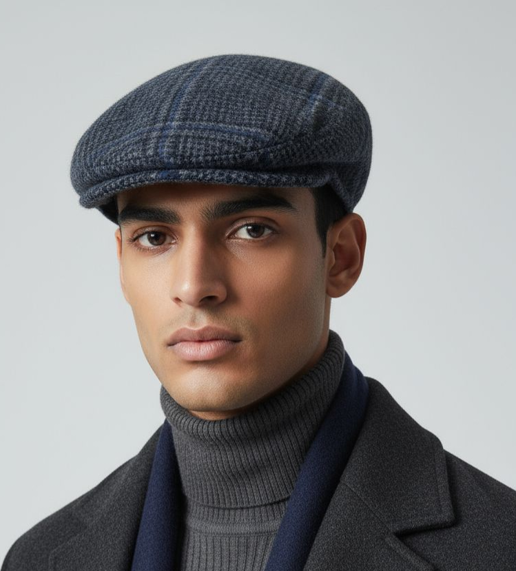 Siciliana wool cap by Sbarià with gray plaid and blue stripes, featuring attached ear cover for warmth and style.