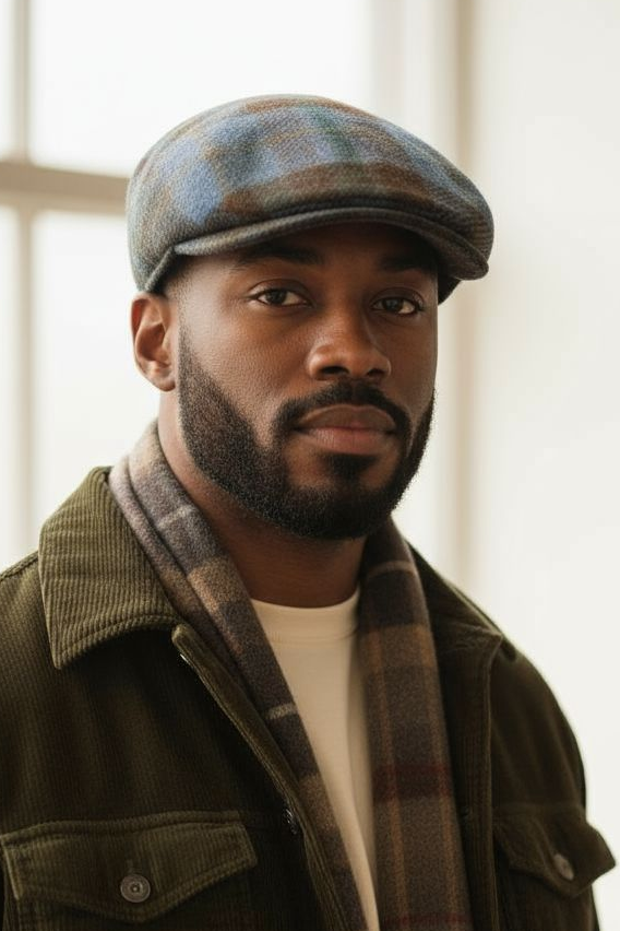 Coppola Taormina in pure virgin wool with olive plaid pattern by Sbarià, showcasing a stylish and warm headwear design.