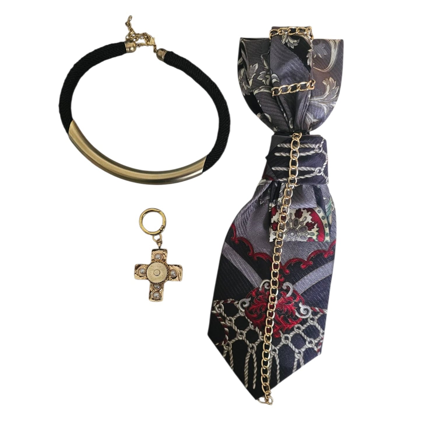 Claudia De Rosa Jewelry Cravatta Gioiello Imperial Cross featuring three elegant jewelry ties with cross design details.