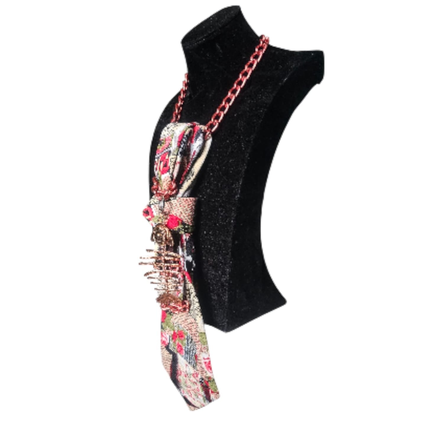 Claudia De Rosa Jewelry rose gold Cravatta Gioiello in pink silk fabric with sculptural rose gold charm on mannequin.