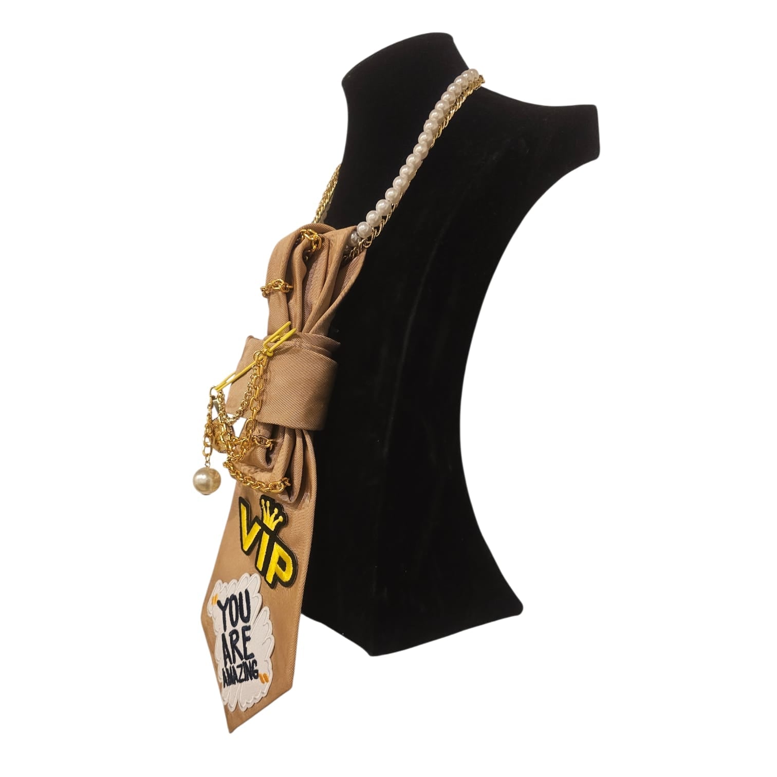 Black mannequin wearing Claudia De Rosa Jewelry Cravatta Gioiello with You Are Amazing design, positioned side view facing left.