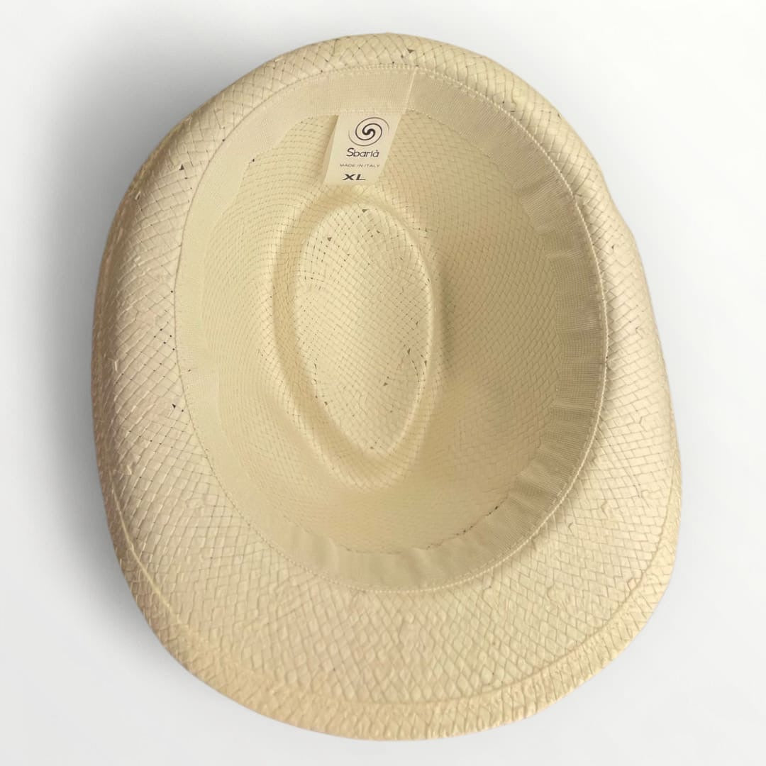 Sbarià paper straw trilby hat with a classic fedora shape and wide brim, perfect for stylish sun protection and summer wear.