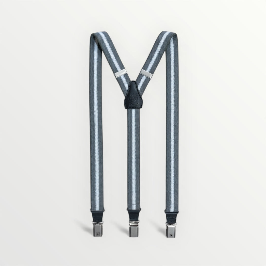 Artisanal striped suspenders by Sbarià, made in Italy, featuring stretchy fabric and classic design with bold vertical lines.
