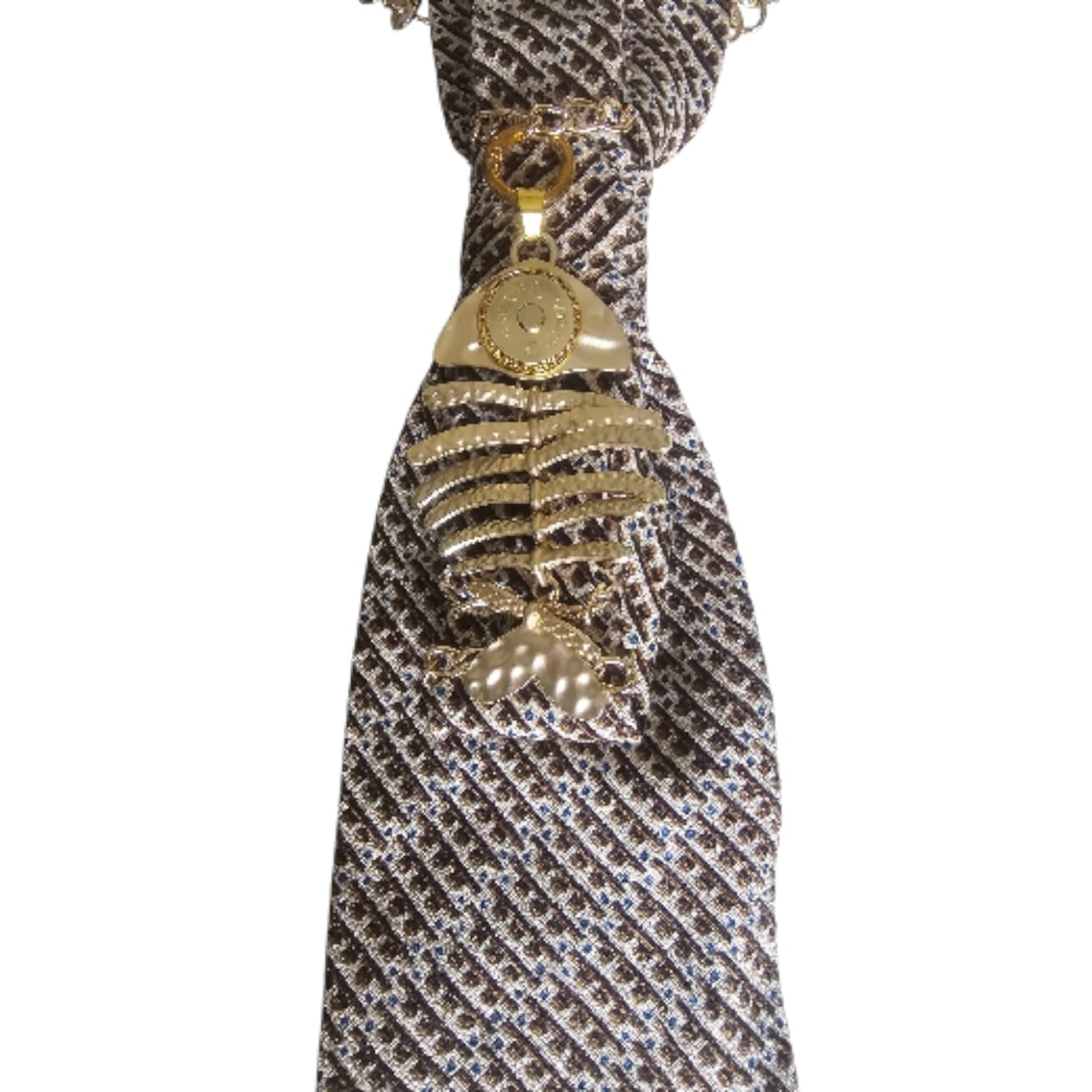 Gold fish charm on a Claudia De Rosa Jewelry Cravatta Gioiello, detailed close-up of the colorful gold jewelry piece.