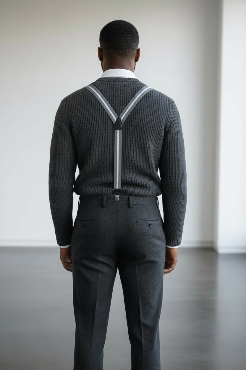 Artisanal striped suspenders by Sbarià, handmade in Italy, featuring vibrant stretch fabric and classic buckle details.