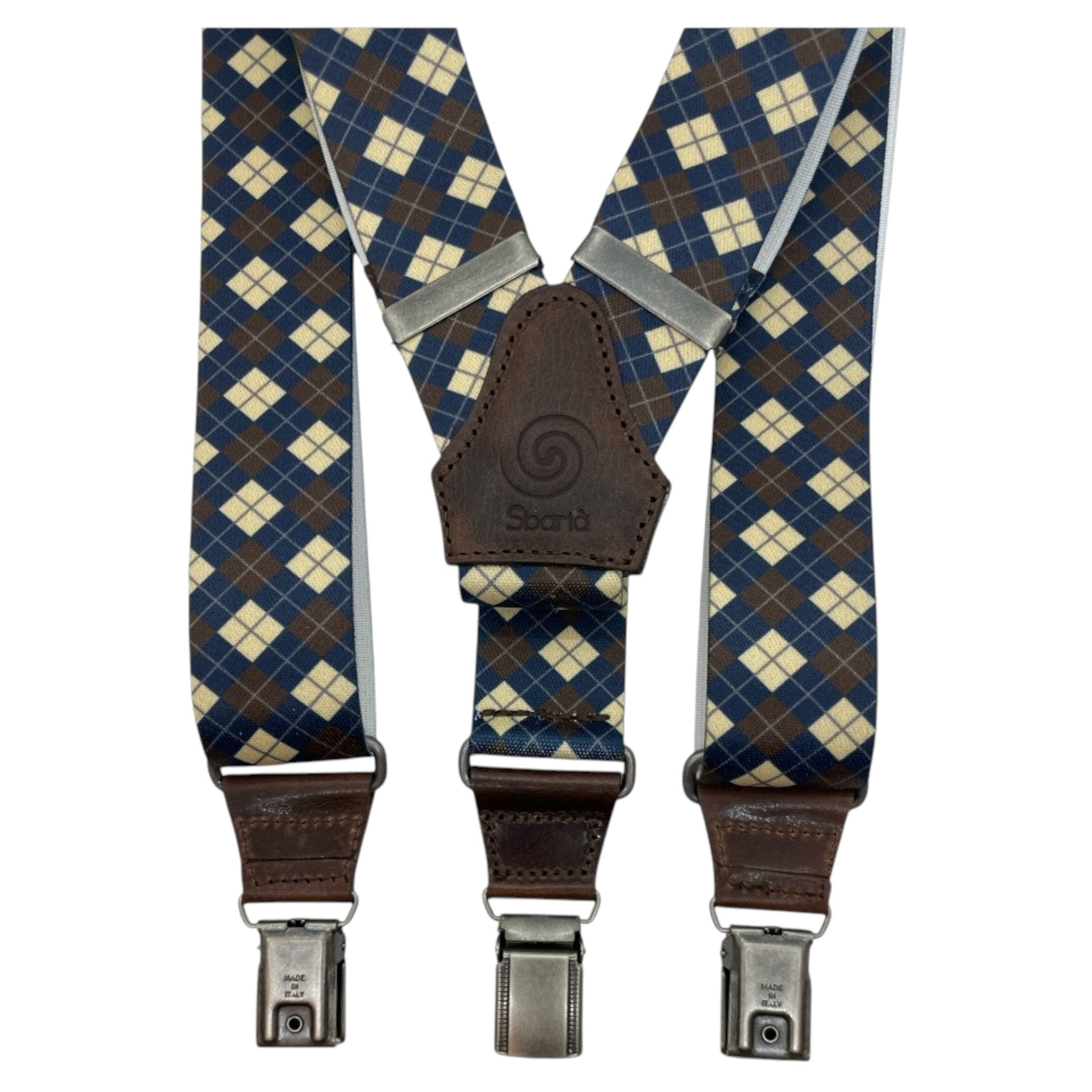 Artigianale Sbarià rombi pattern suspenders, handmade Italian bretelle with stylish design and adjustable straps.