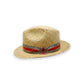 Sbarià natural raffia crushable fedora hat with striped band, shown from a three-quarter left view, Made in Italy.