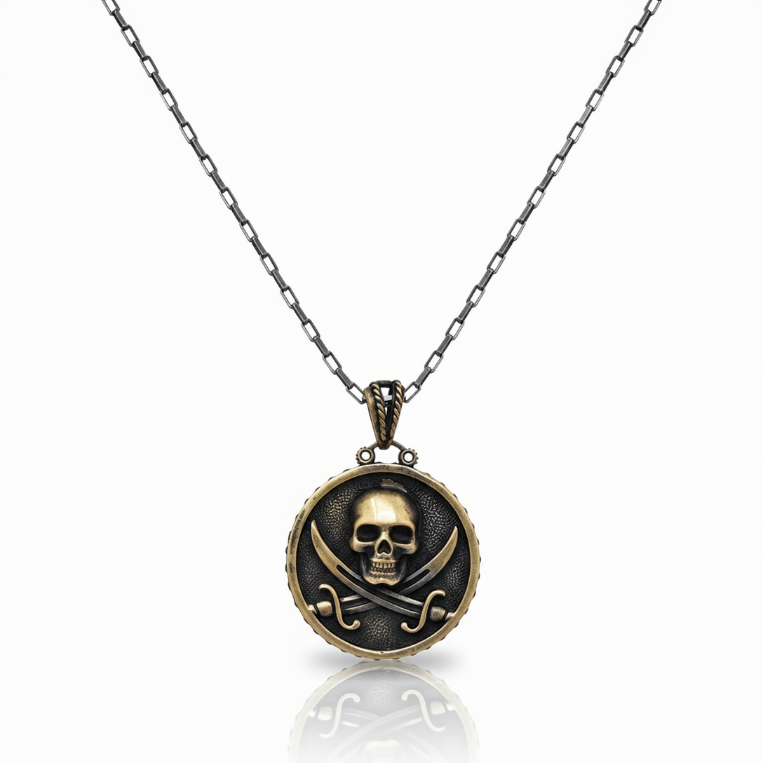 Silver and bronze pirate-themed necklace with black sails design by BDG Accessories, featuring a detailed chain and nautical accents.