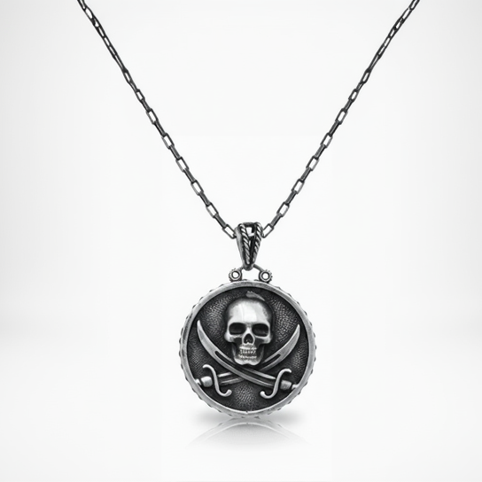 Silver and bronze pirate-themed necklace with black sails design by BDG Accessories, featuring a detailed maritime motif.