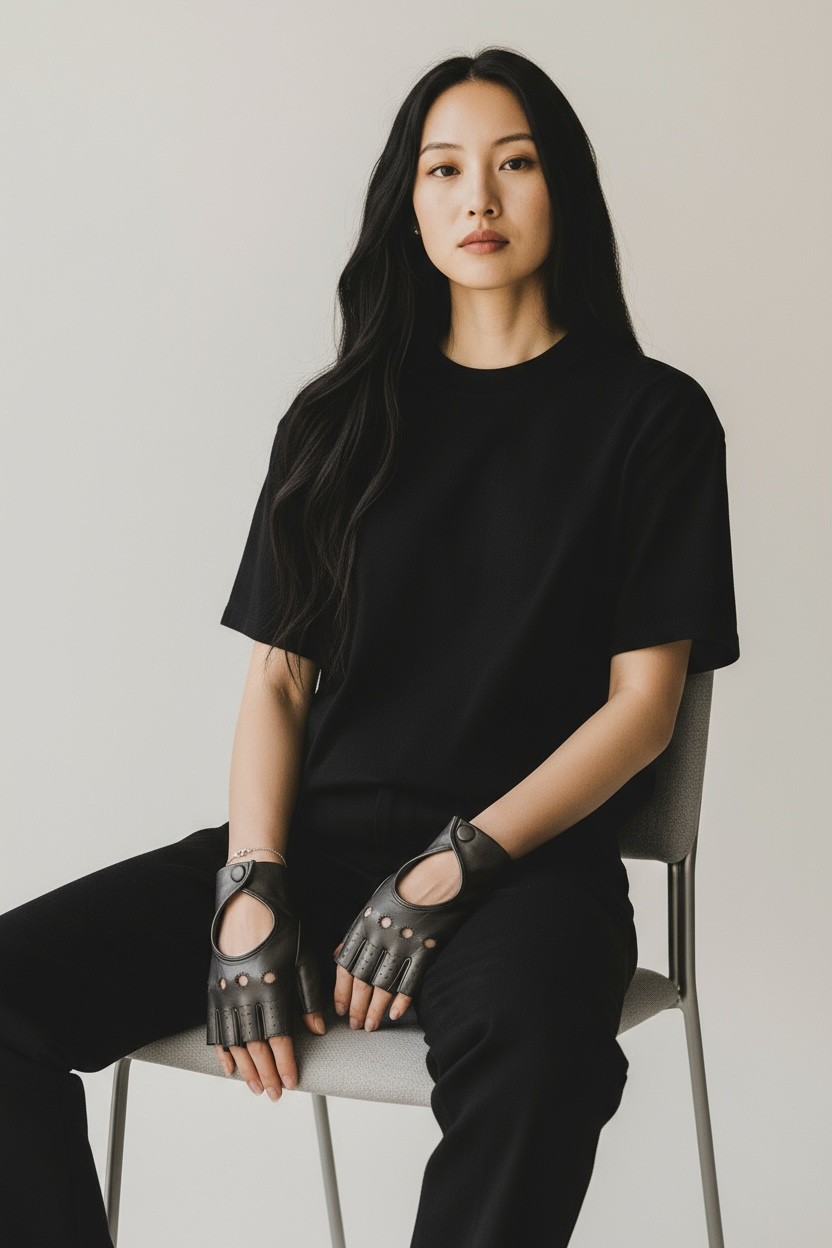 Leather half-finger gloves by Sbarià made from soft nappa leather with unlined design, perfect for stylish hand protection.