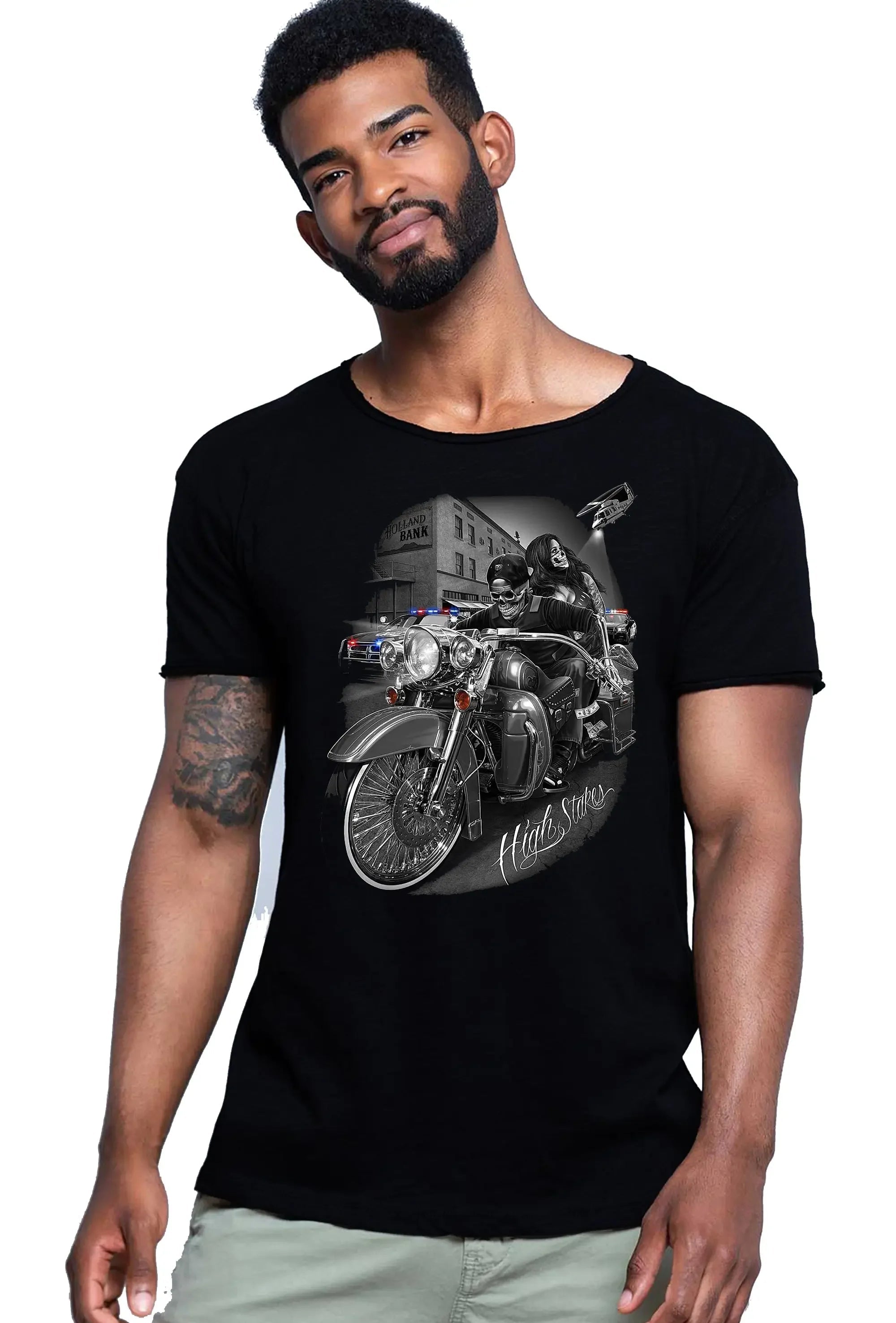 Street Style men's cotton fiammato T-shirt featuring a high Stares tattoo skull design on the front.