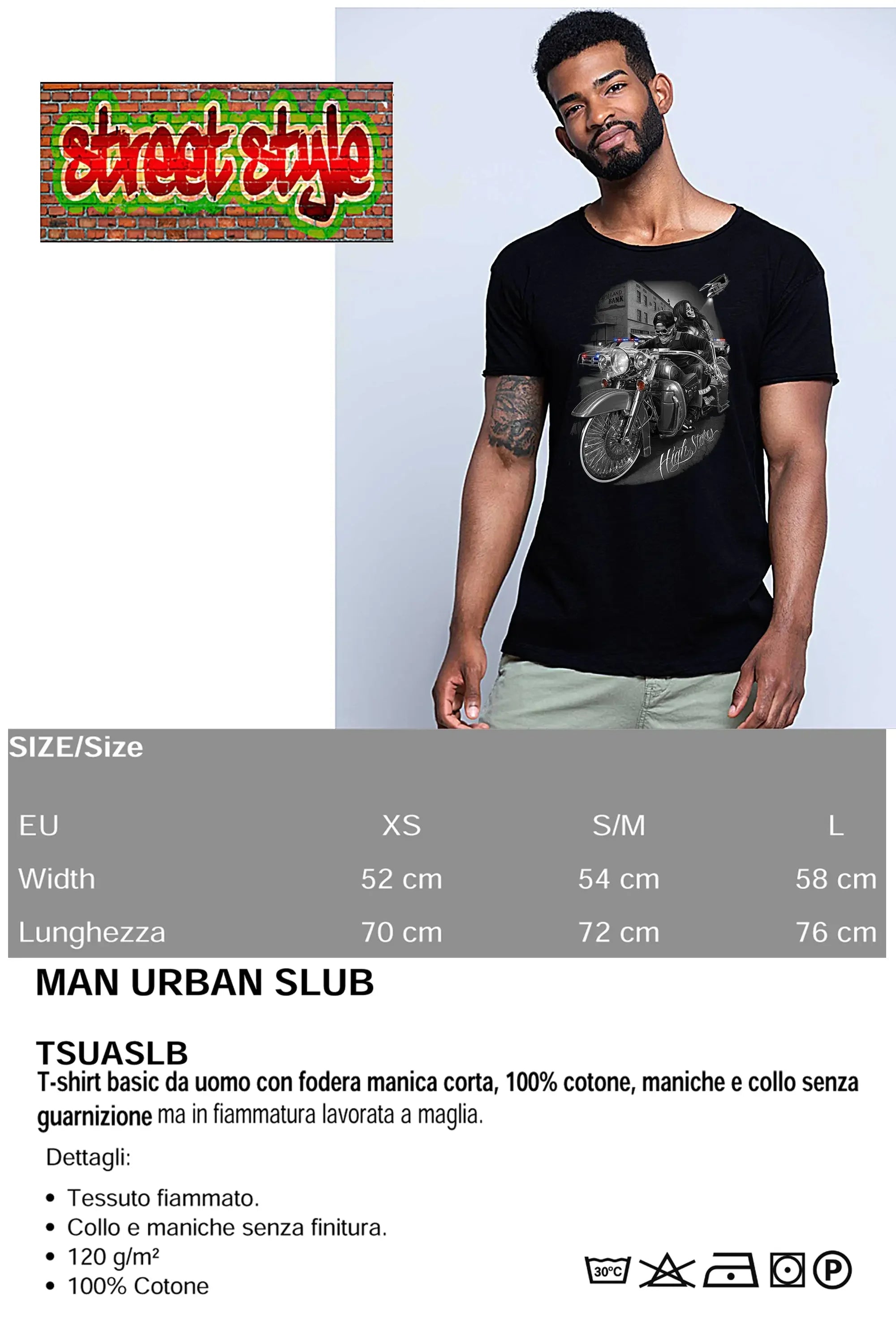Street Style men's cotton T-shirt featuring a bold tattoo skull graphic on a distressed, faded fabric design.