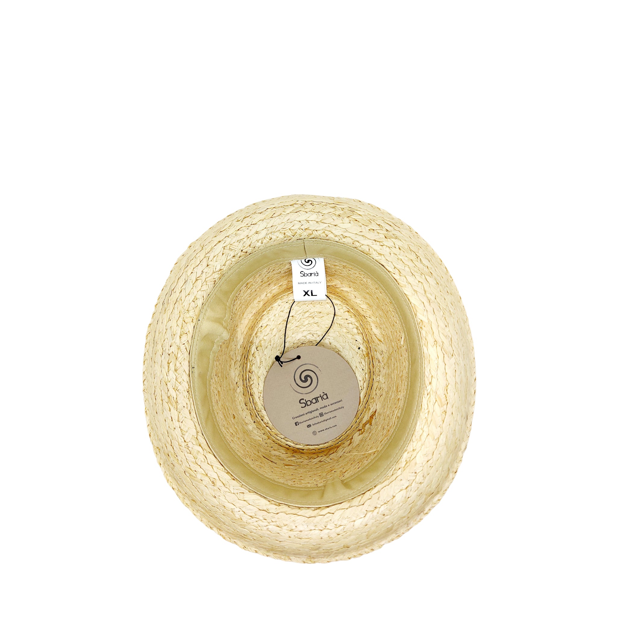 Interior view of Sbarià raffia pork pie hat with size XL label, handcrafted Italian craftsmanship and spiral logo tag.