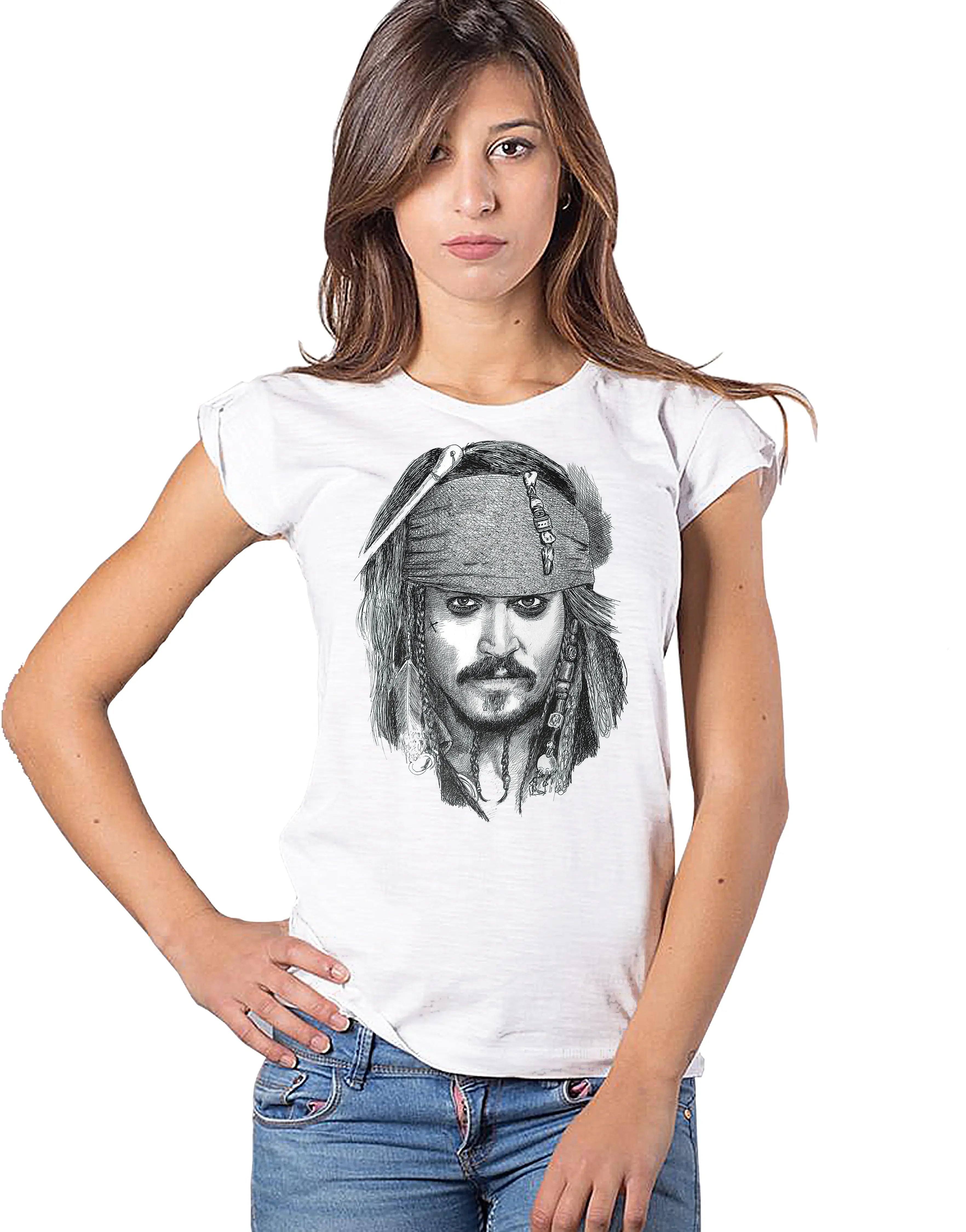 Stylized pirate Johnny Depp T-shirt for women by STREET STYLE, featuring urban design and 100% cotton fabric.
