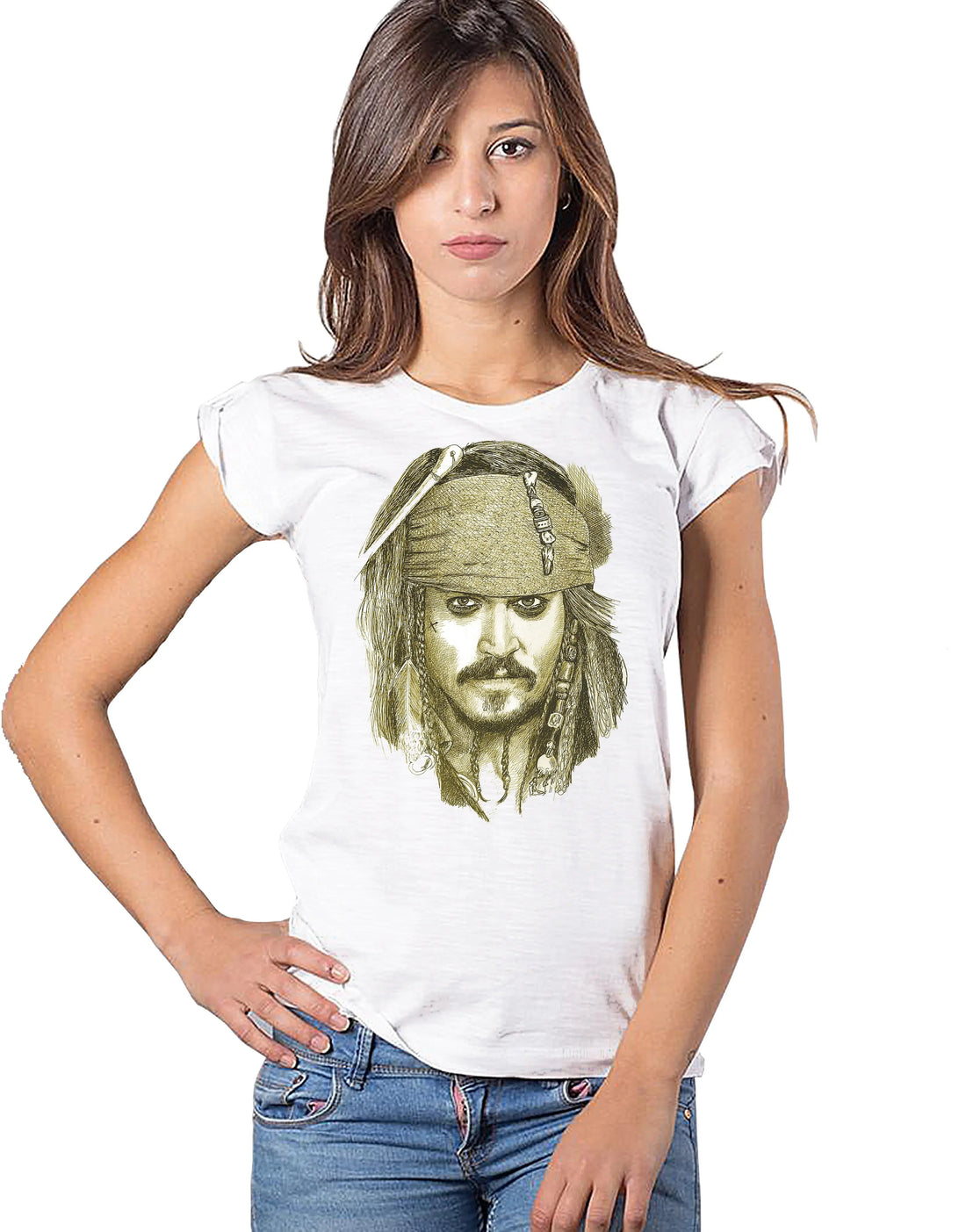 Stylized pirate Johnny Depp T-shirt for women by STREET STYLE, featuring a cinematic-inspired design in 100% cotton.