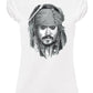 Stylized pirate Johnny Depp T-shirt for women by STREET STYLE, featuring a cinematic-inspired urban design in 100% cotton.